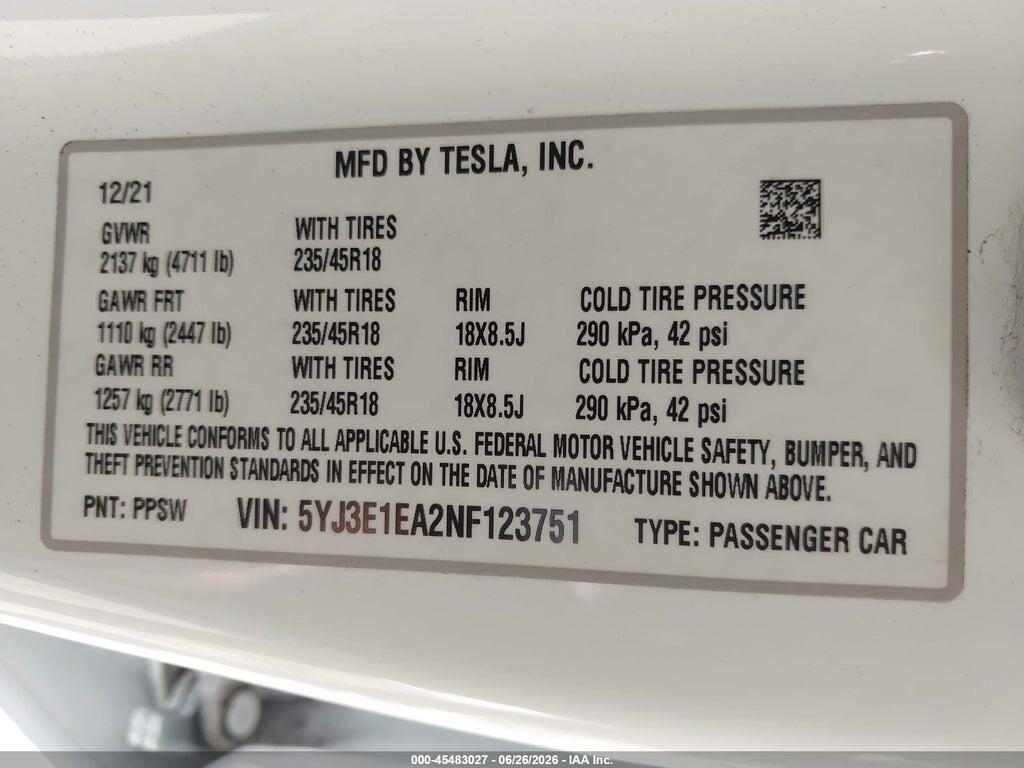 5YJ3E1EA2NF123751 2022 TESLA MODEL 3 photo no. 9