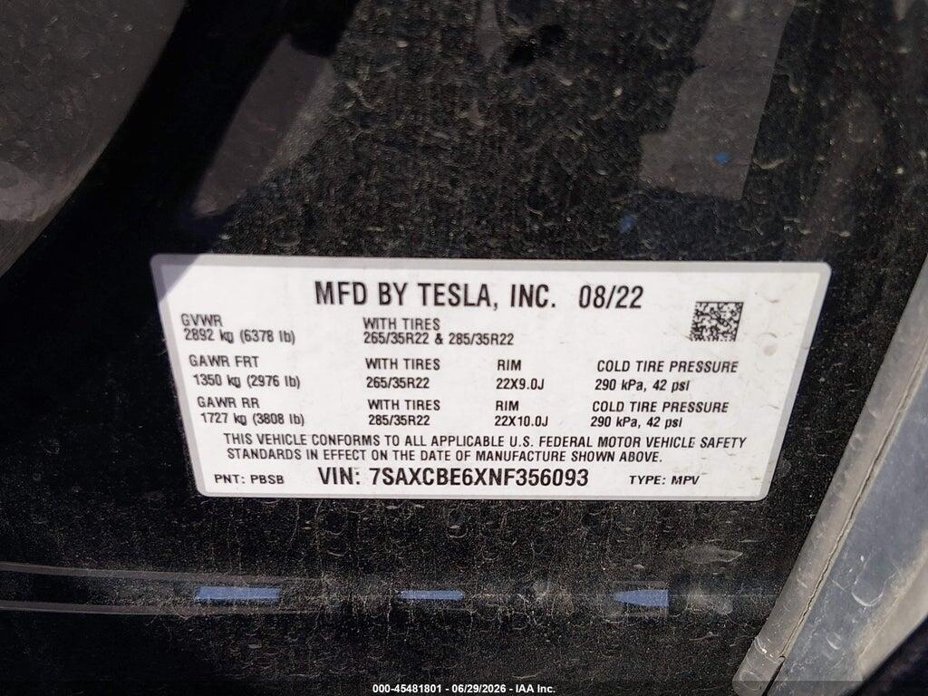7SAXCBE6XNF356093 2022 TESLA MODEL X photo no. 9