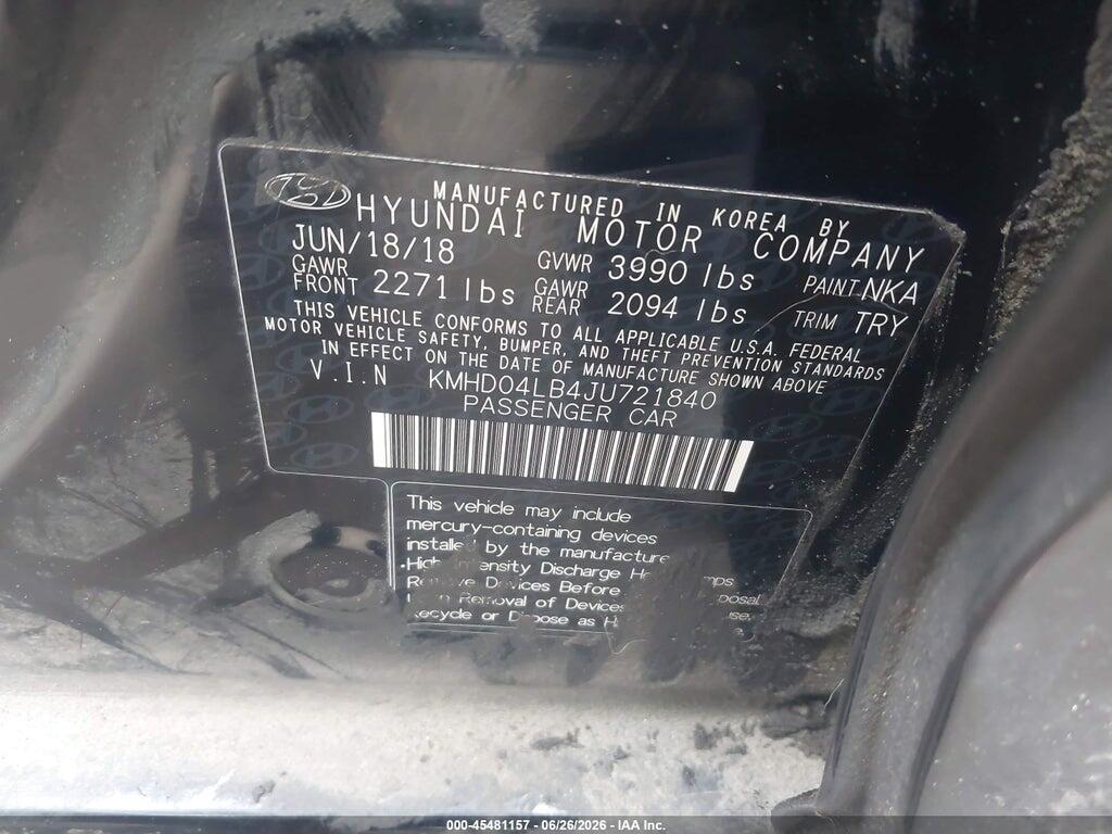 KMHD04LB4JU721840 2018 HYUNDAI ELANTRA photo no. 9