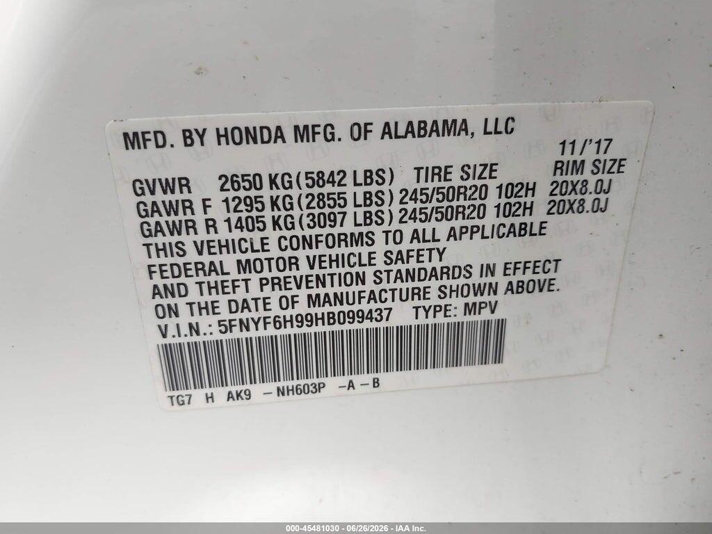5FNYF6H99HB099437 2017 HONDA PILOT photo no. 9