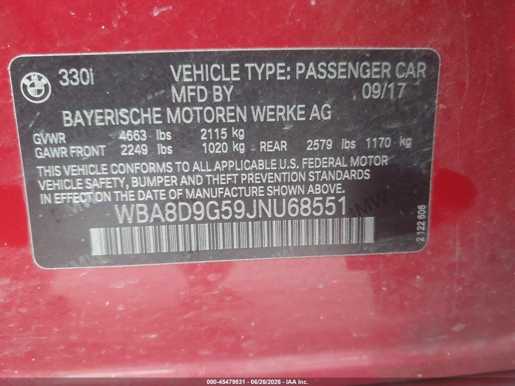 WBA8D9G59JNU68551 2018 BMW 330I photo no. 9