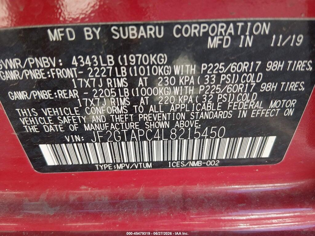 JF2GTAPC4L8215450 2020 SUBARU CROSSTREK photo no. 9