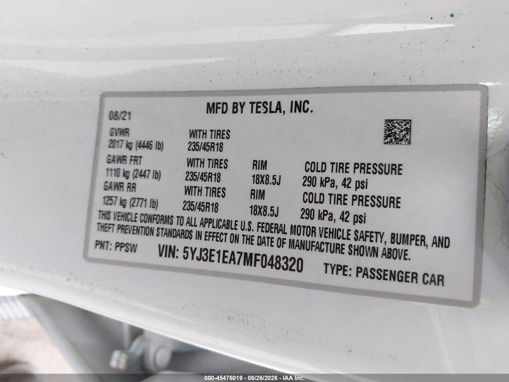 5YJ3E1EA7MF048320 2021 TESLA MODEL 3 photo no. 9