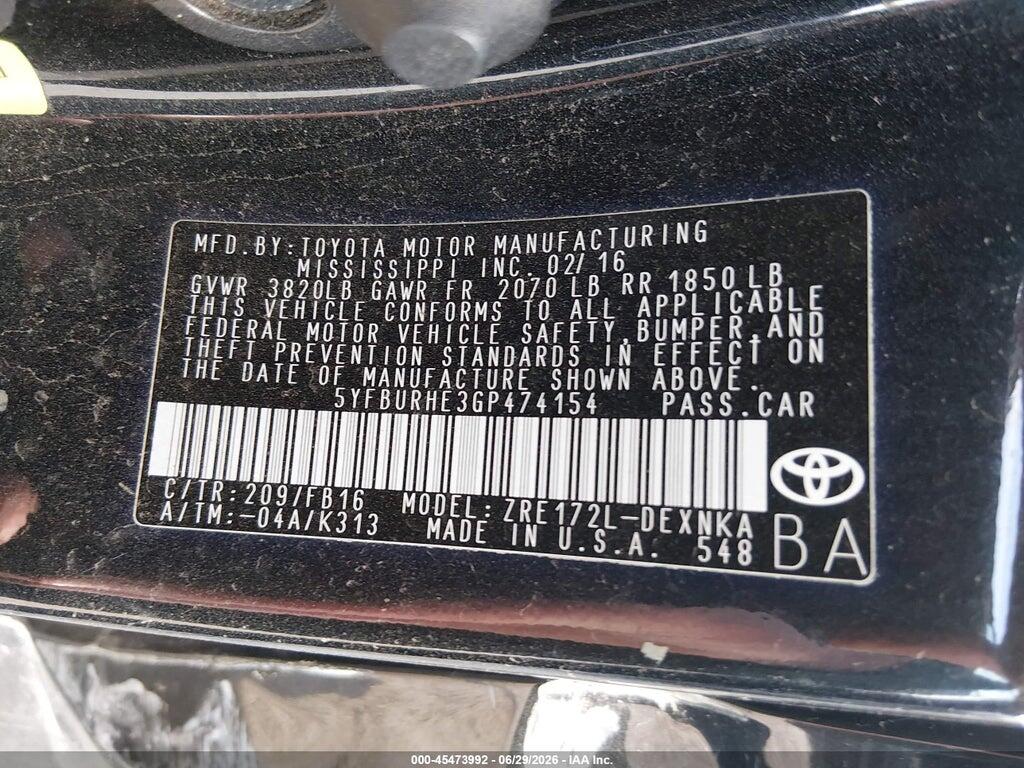 5YFBURHE3GP474154 2016 TOYOTA COROLLA photo no. 9