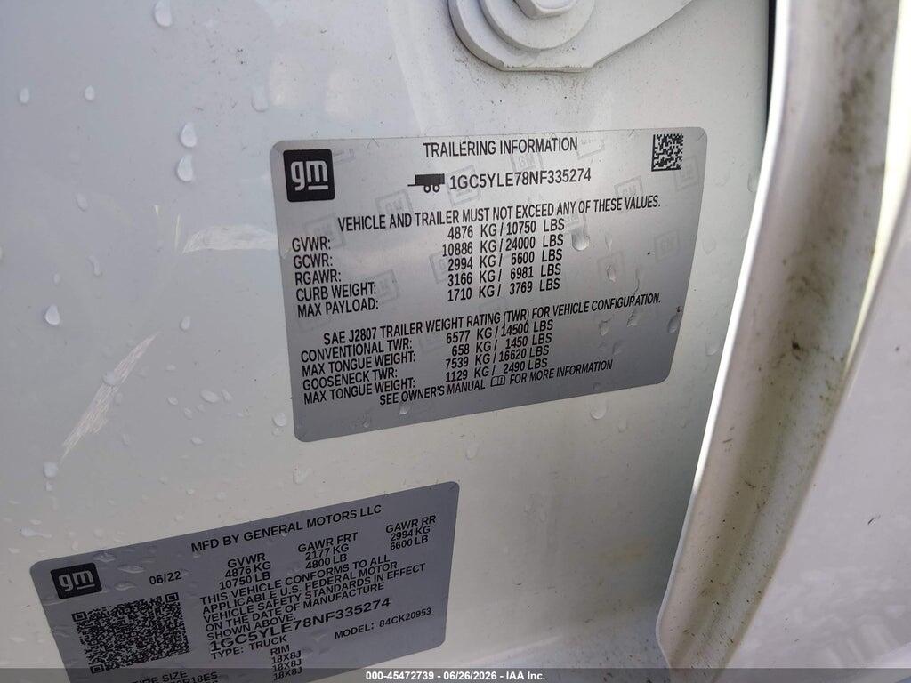 1GC5YLE78NF335274 2022 CHEVROLET SILVERADO 2500HD photo no. 9