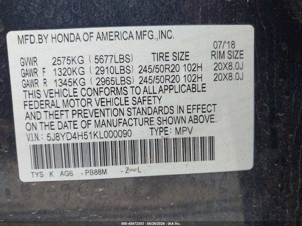 5J8YD4H51KL000090 2019 ACURA MDX photo no. 9