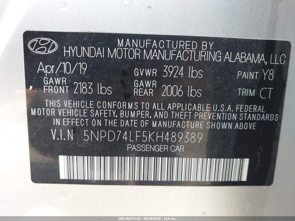 5NPD74LF5KH489389 2019 HYUNDAI ELANTRA photo no. 9
