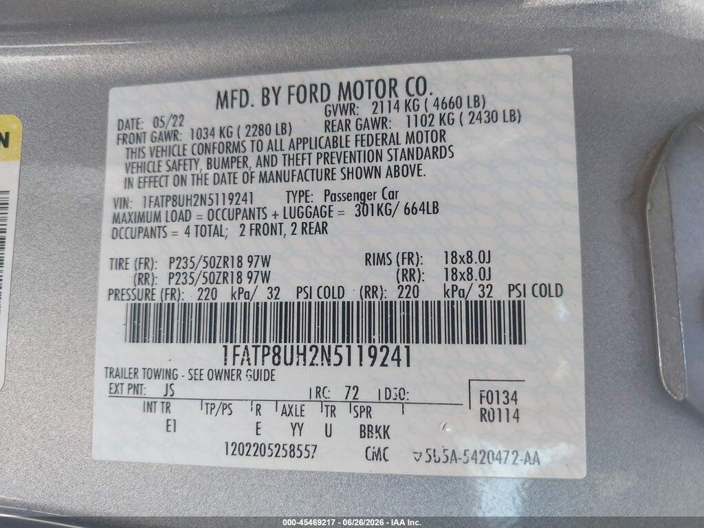 1FATP8UH2N5119241 2022 FORD MUSTANG photo no. 9