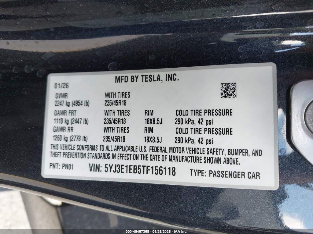 5YJ3E1EB5TF156118 2026 TESLA MODEL 3 photo no. 9