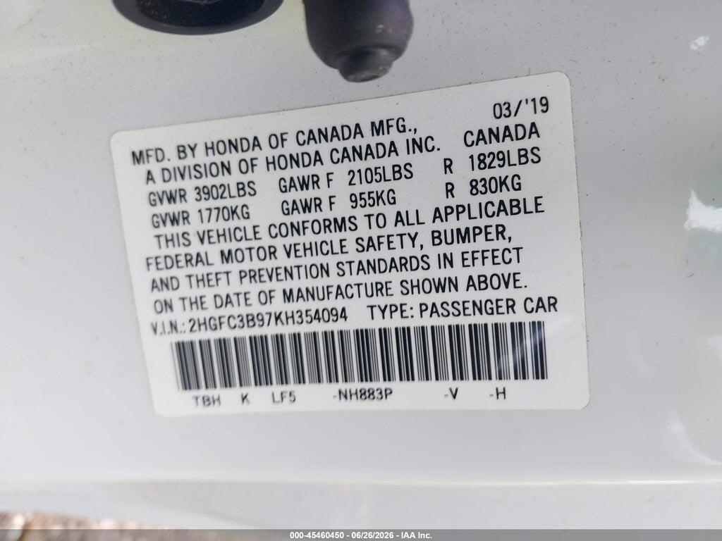 2HGFC3B97KH354094 2019 HONDA CIVIC photo no. 9