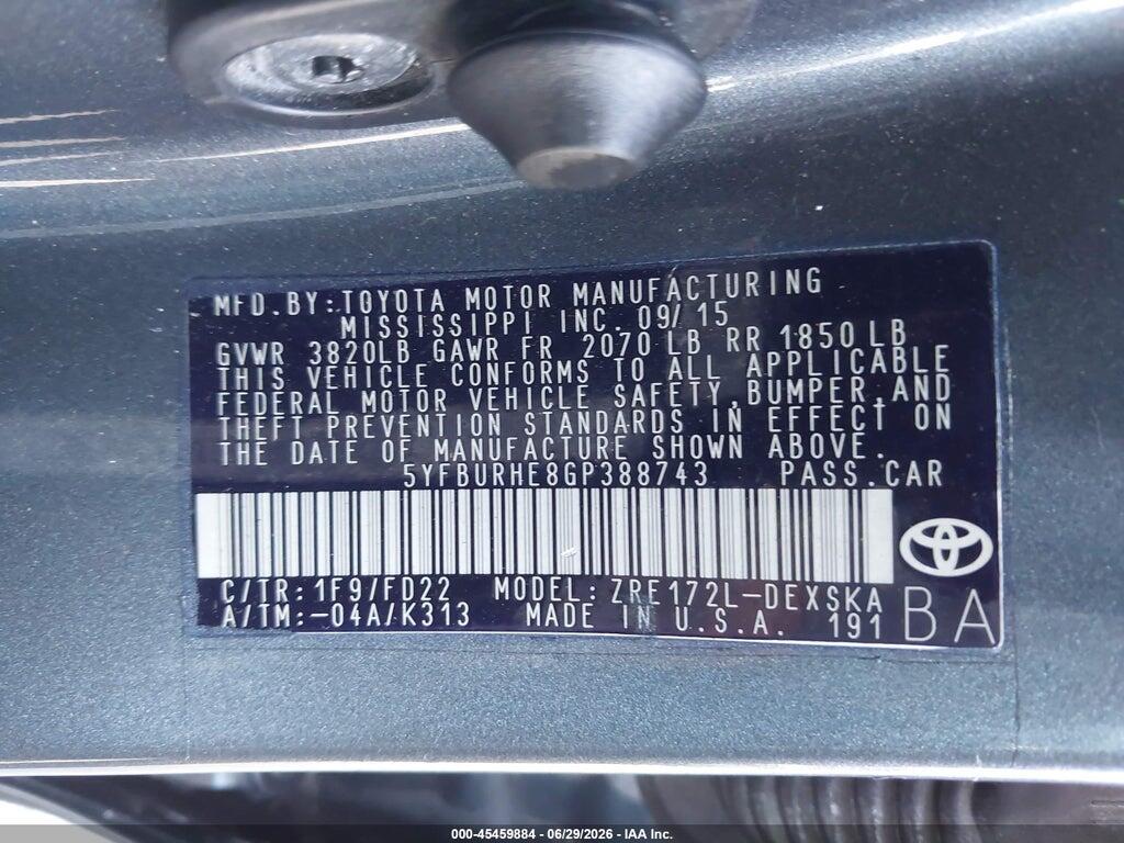 5YFBURHE8GP388743 2016 TOYOTA COROLLA photo no. 9
