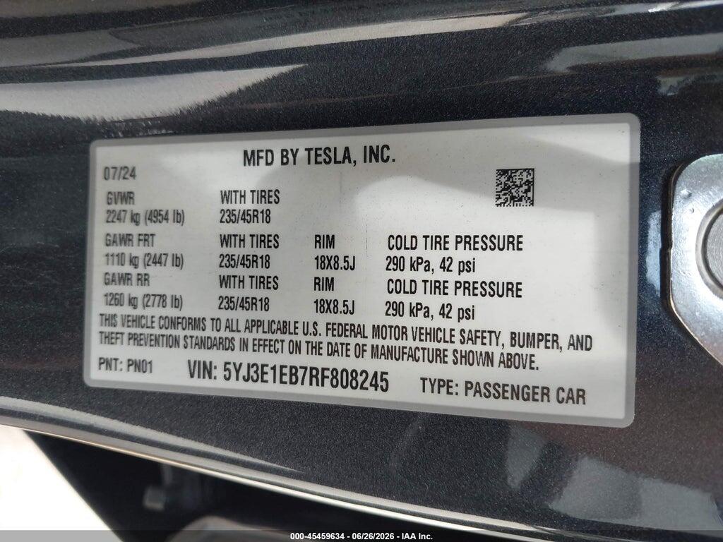 5YJ3E1EB7RF808245 2024 TESLA MODEL 3 photo no. 9