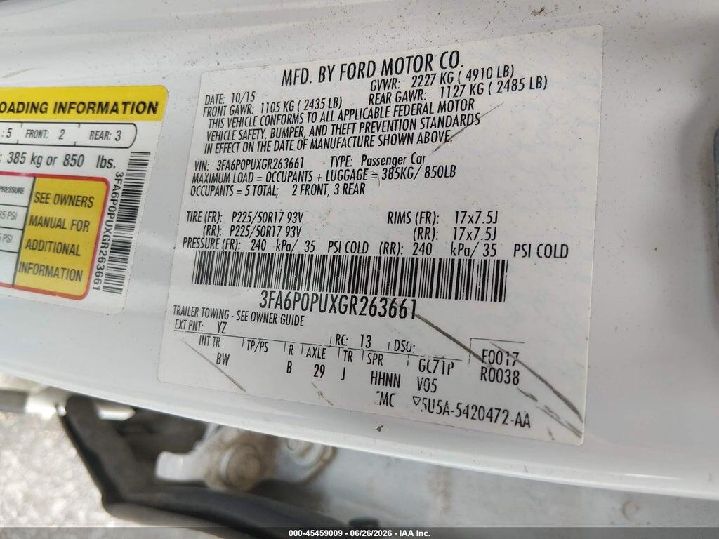 3FA6P0PUXGR263661 2016 FORD FUSION ENERGI photo no. 9