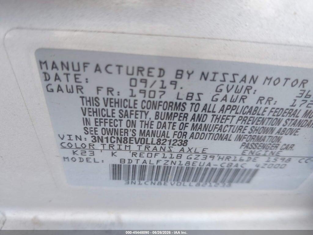 3N1CN8EV0LL821238 2020 NISSAN VERSA photo no. 9