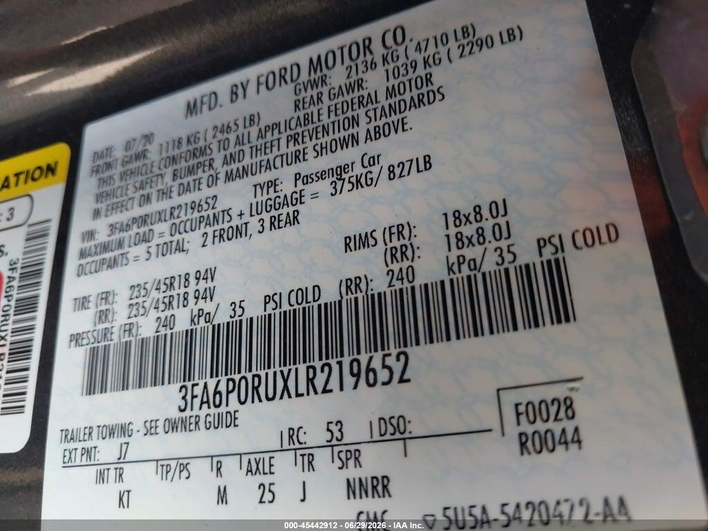 3FA6P0RUXLR219652 2020 FORD FUSION photo no. 9