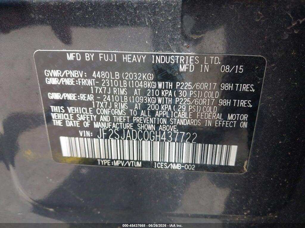 JF2SJADC0GH437722 2016 SUBARU FORESTER photo no. 9