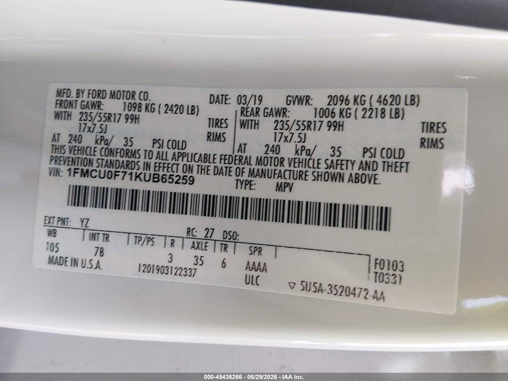 1FMCU0F71KUB65259 2019 FORD ESCAPE photo no. 9