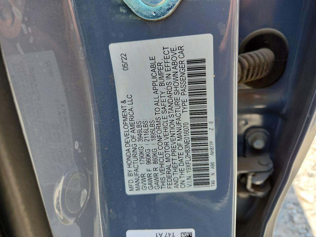 19XFL2H83NE016070 2022 HONDA CIVIC photo no. 12
