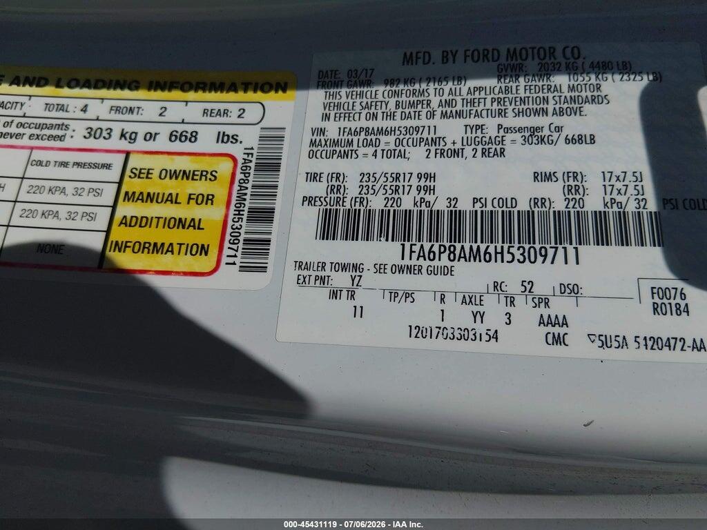 1FA6P8AM6H5309711 2017 FORD MUSTANG photo no. 9