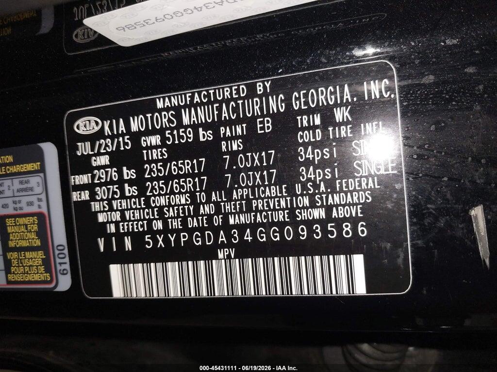 5XYPGDA34GG093586 2016 KIA SORENTO photo no. 9