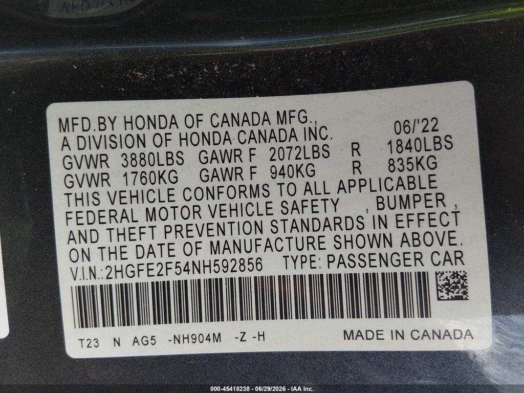 2HGFE2F54NH592856 2022 HONDA CIVIC photo no. 9