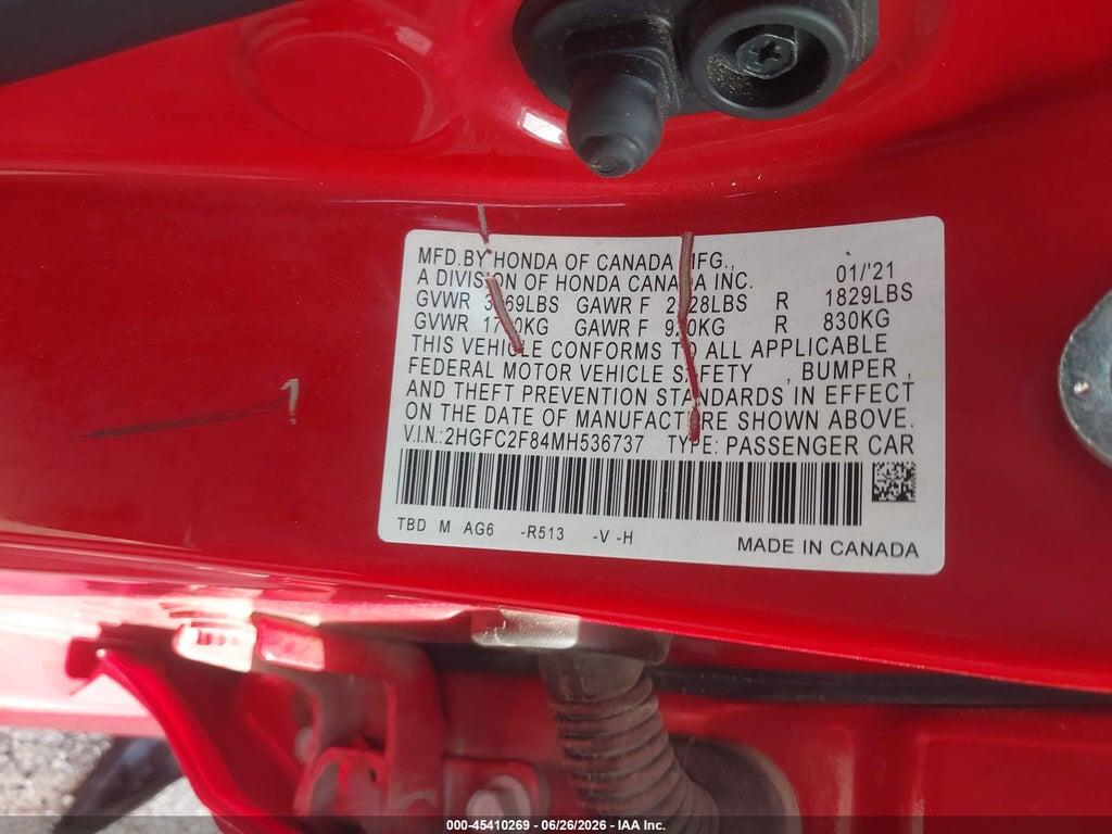 2HGFC2F84MH536737 2021 HONDA CIVIC photo no. 9