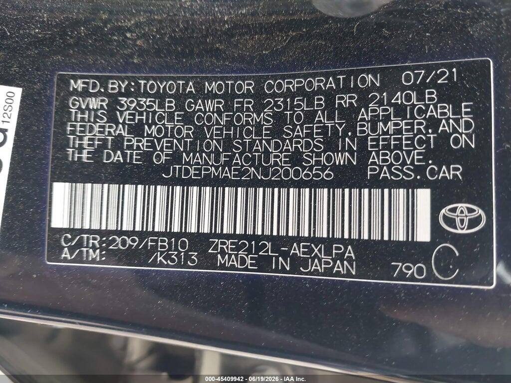 JTDEPMAE2NJ200656 2022 TOYOTA COROLLA photo no. 9