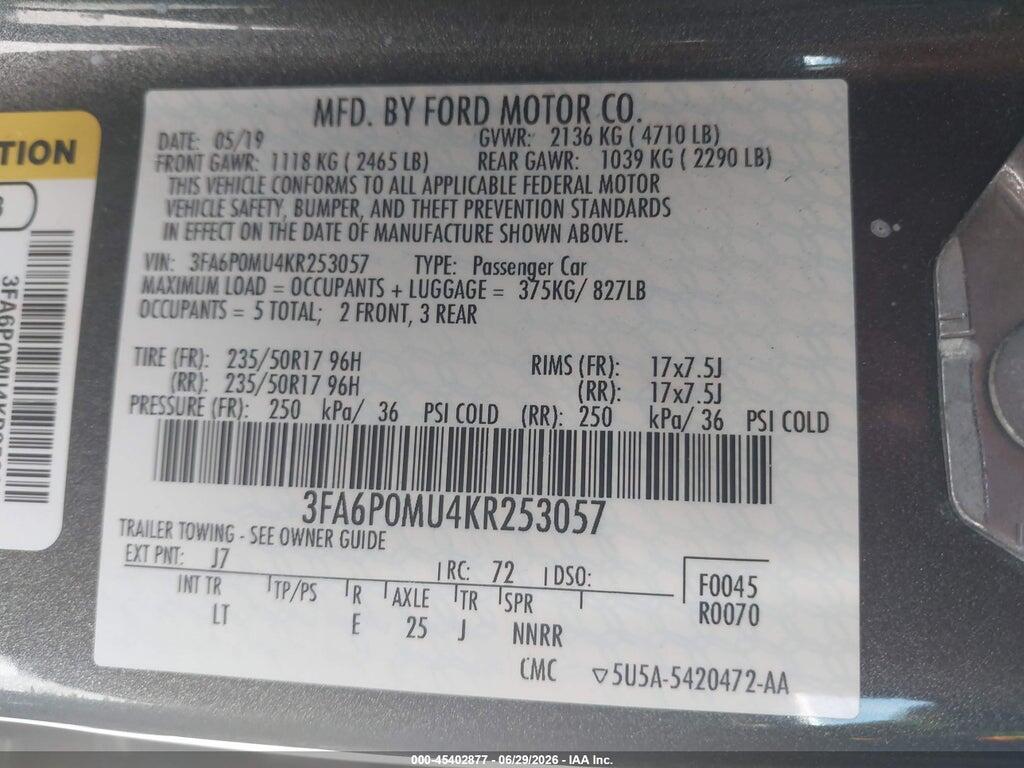 3FA6P0MU4KR253057 2019 FORD FUSION HYBRID photo no. 9