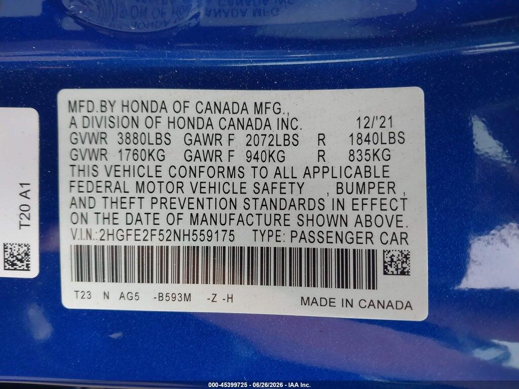 2HGFE2F52NH559175 2022 HONDA CIVIC photo no. 9
