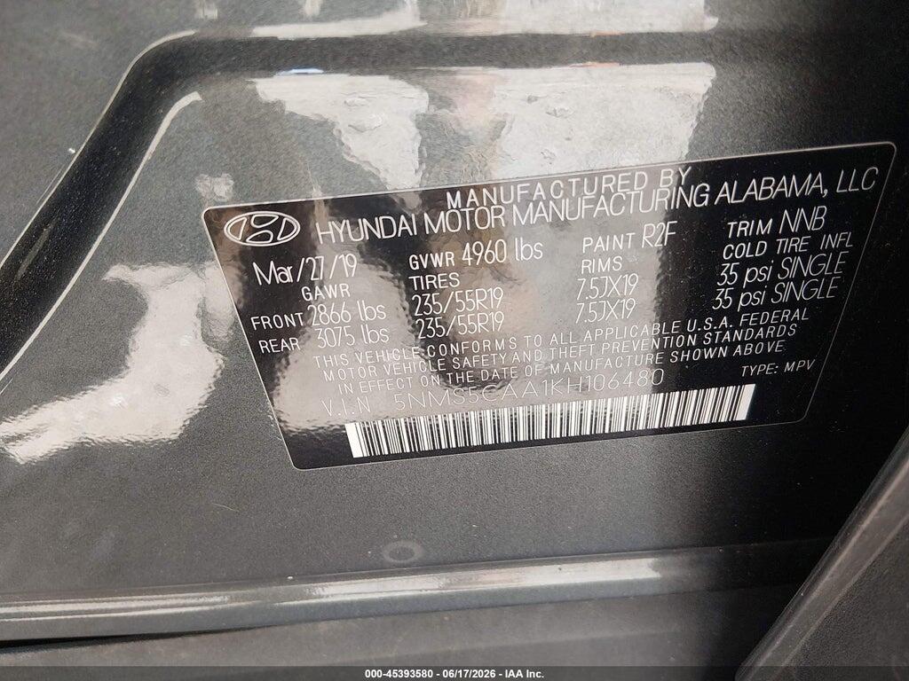 5NMS5CAA1KH106480 2019 HYUNDAI SANTA FE photo no. 9