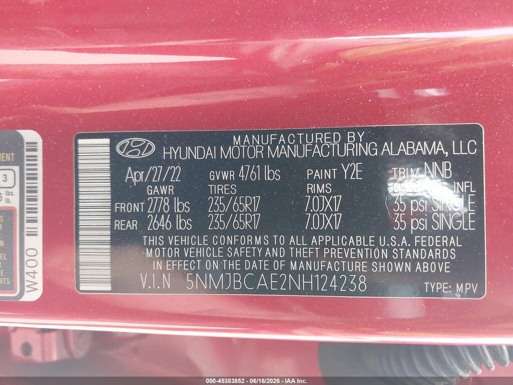 5NMJBCAE2NH124238 2022 HYUNDAI TUCSON photo no. 9