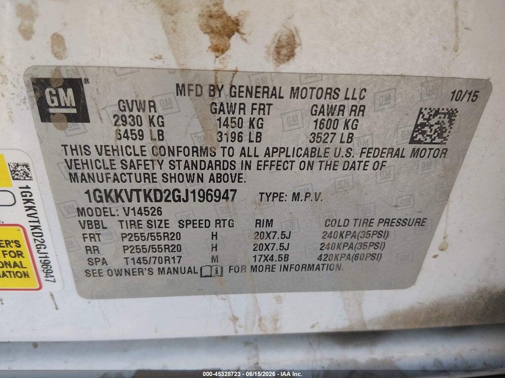 1GKKVTKD2GJ196947 2016 GMC ACADIA photo no. 9