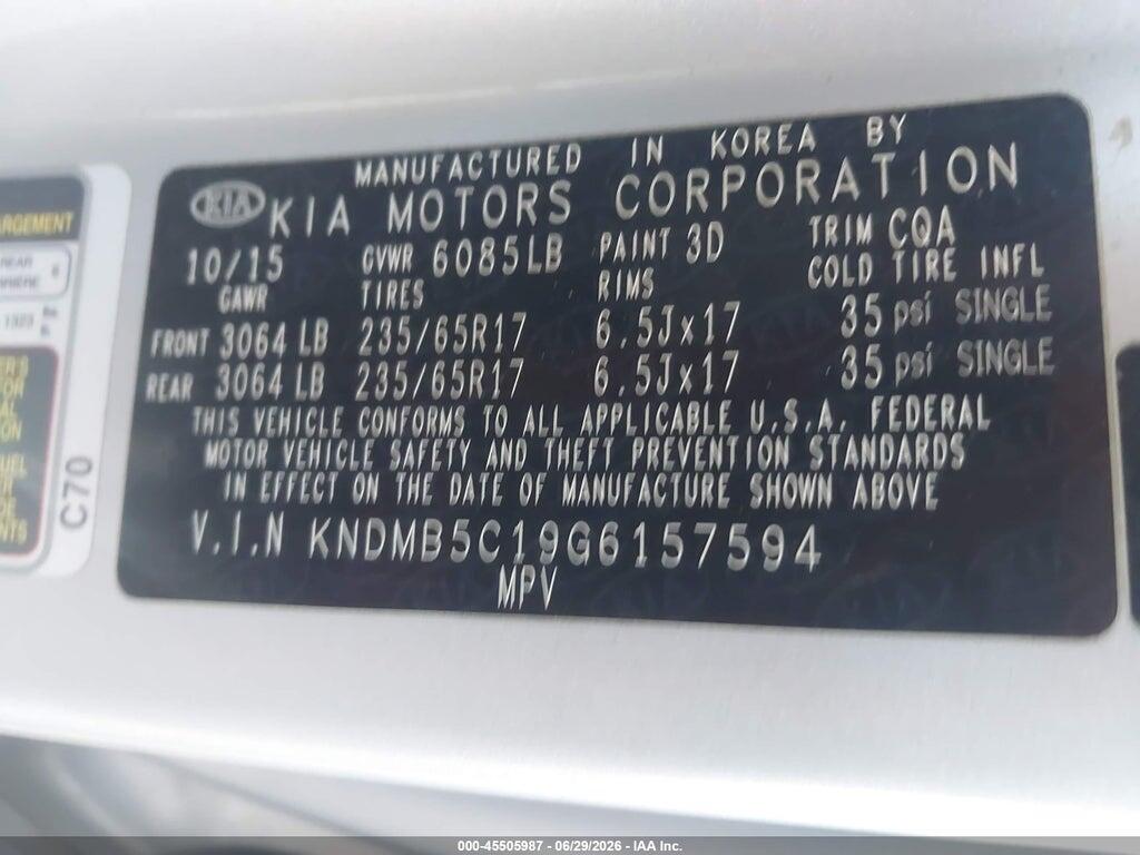 KNDMB5C19G6157594 2016 KIA SEDONA photo no. 9