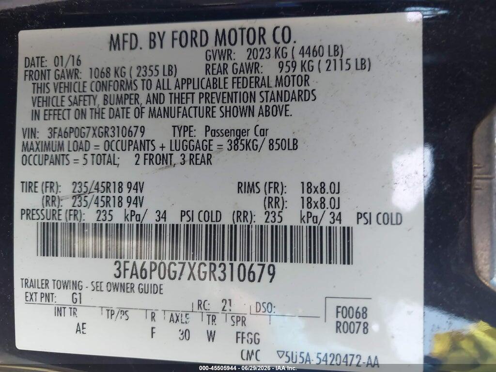 3FA6P0G7XGR310679 2016 FORD FUSION photo no. 9