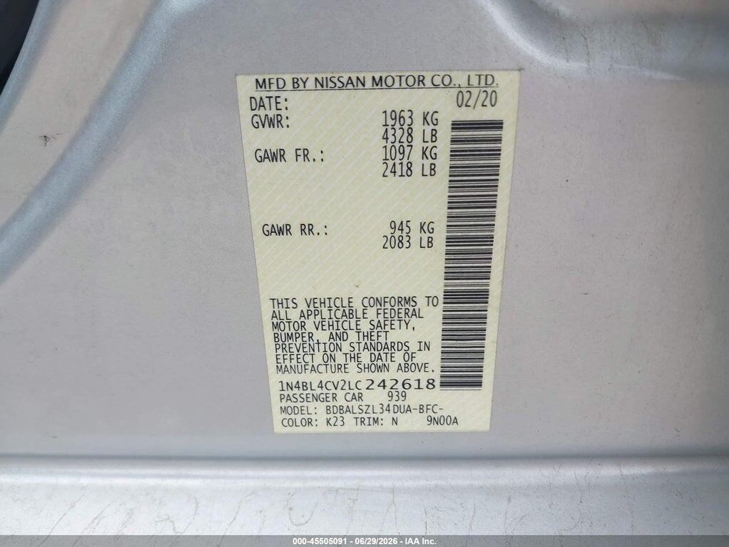 1N4BL4CV2LC242618 2020 NISSAN ALTIMA photo no. 9