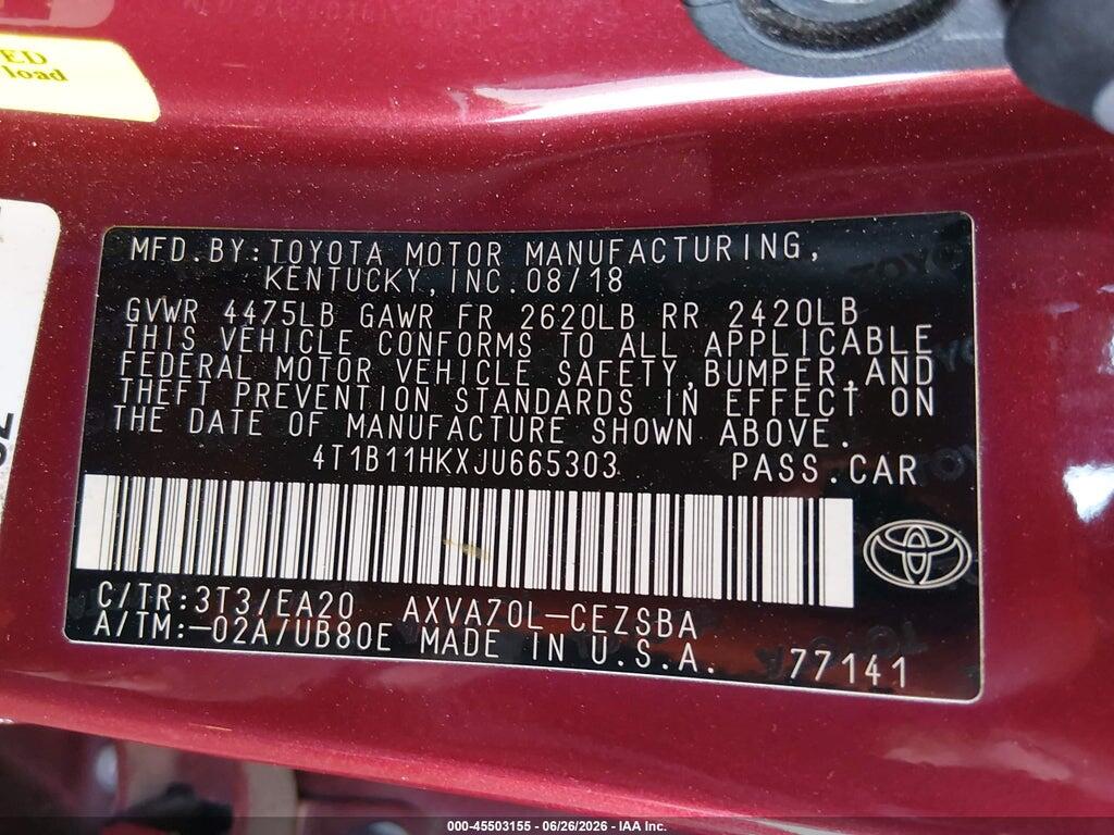 4T1B11HKXJU665303 2018 TOYOTA CAMRY photo no. 9