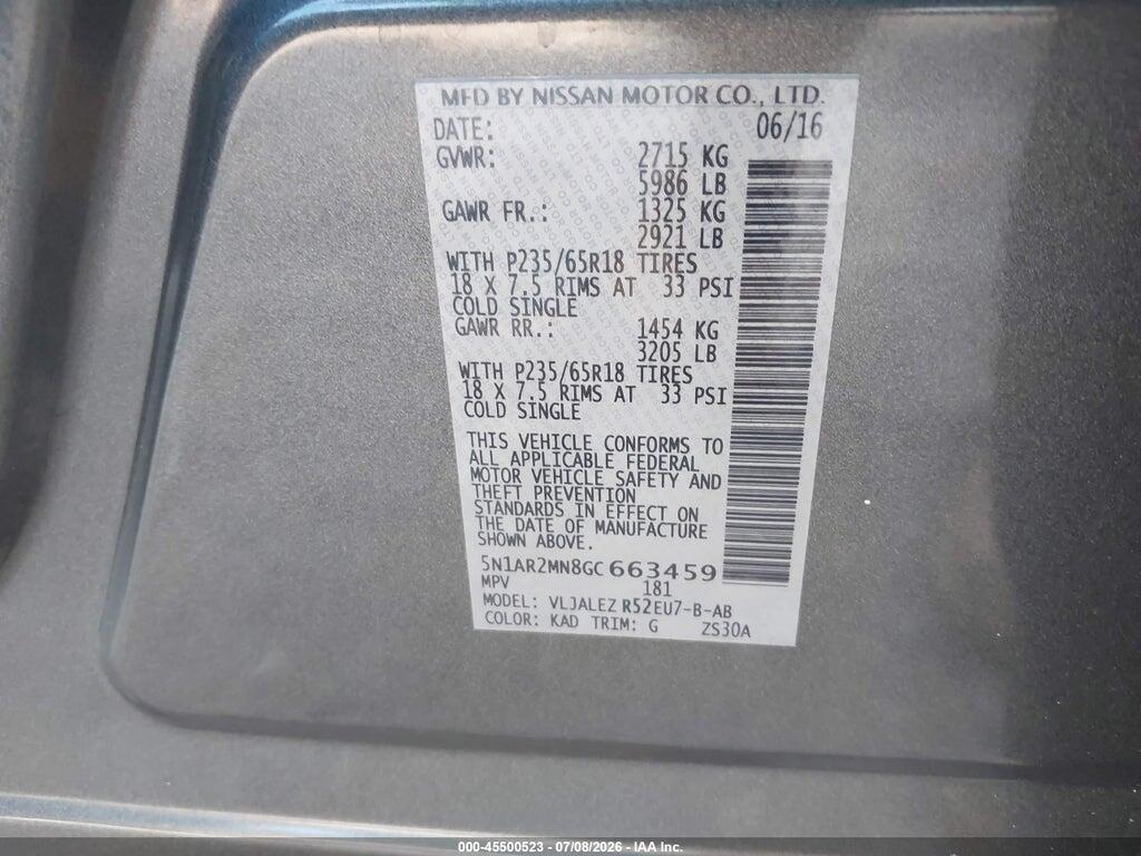5N1AR2MN8GC663459 2016 NISSAN PATHFINDER photo no. 9