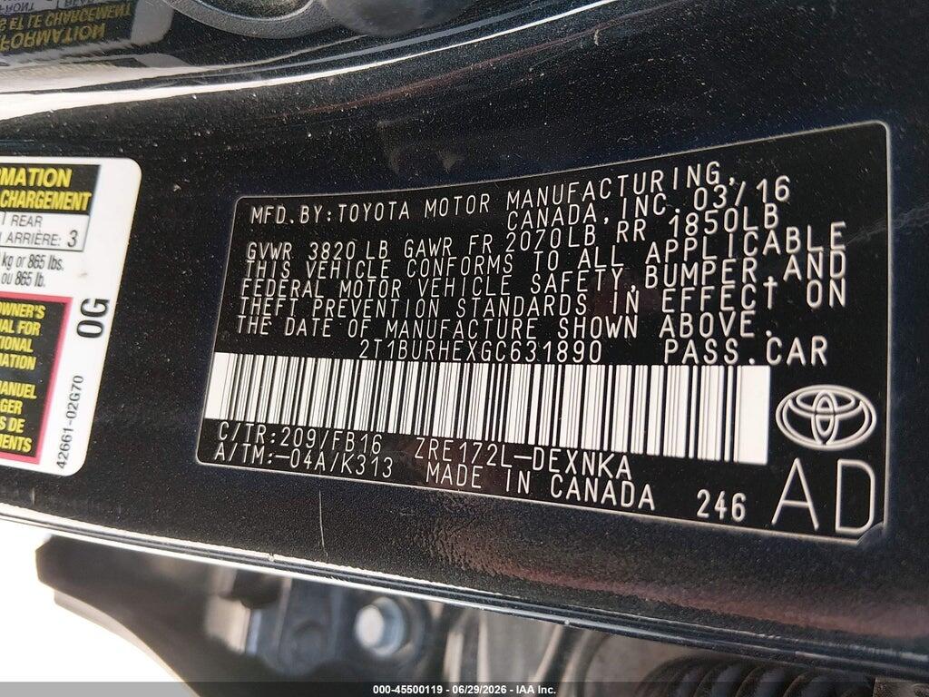 2T1BURHEXGC631890 2016 TOYOTA COROLLA photo no. 9