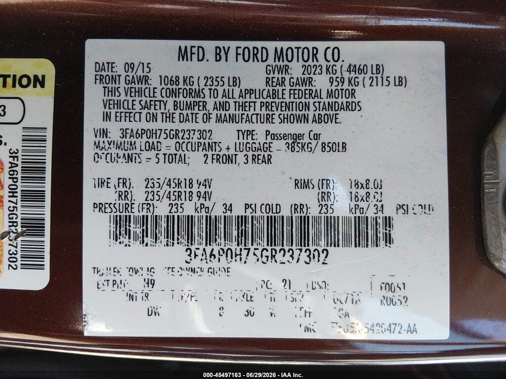 3FA6P0H75GR237302 2016 FORD FUSION photo no. 9