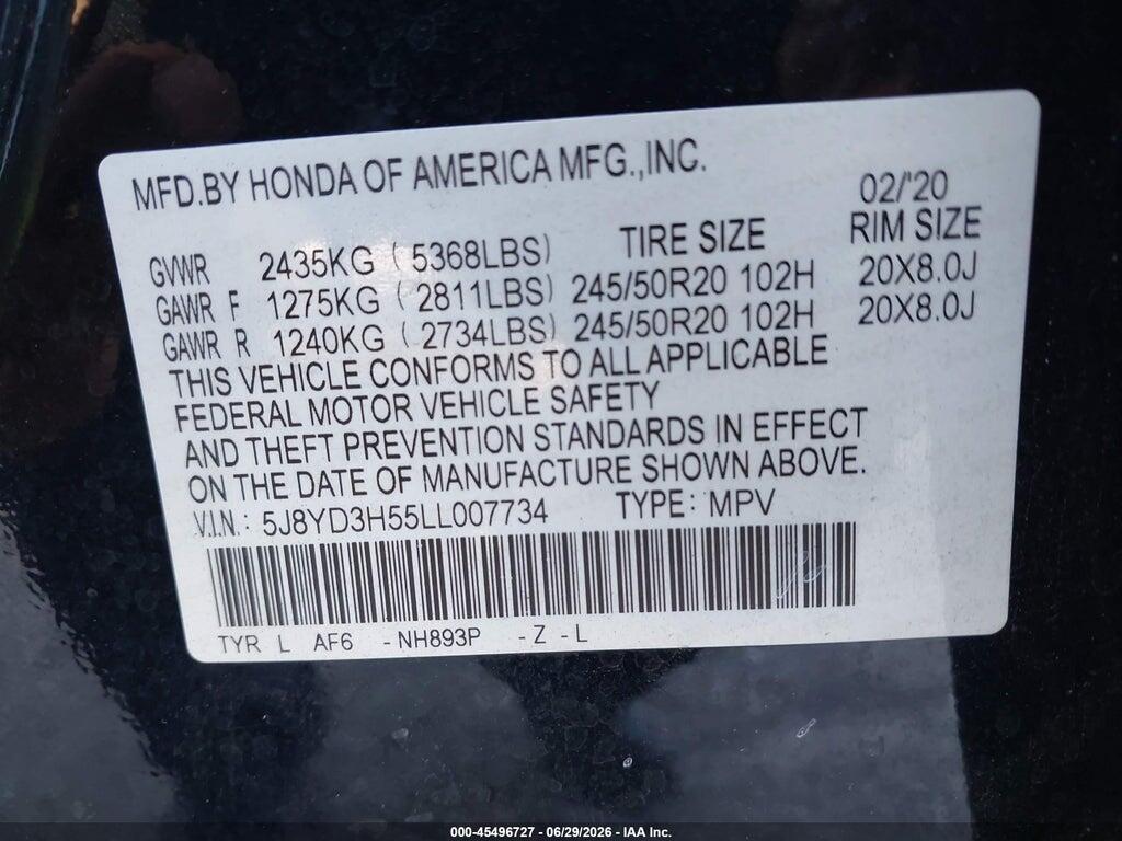 5J8YD3H55LL007734 2020 ACURA MDX photo no. 9