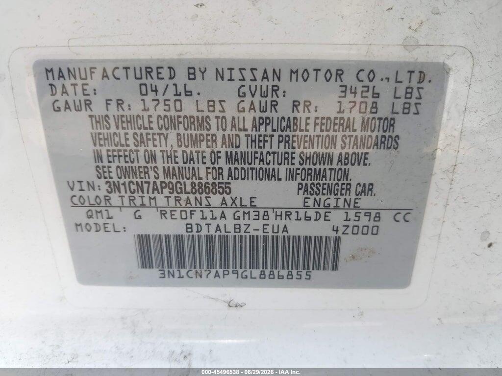 3N1CN7AP9GL886855 2016 NISSAN VERSA photo no. 9