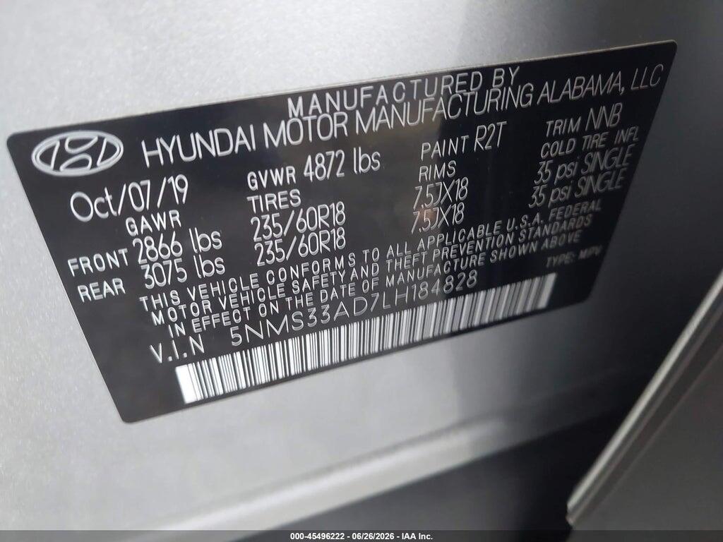 5NMS33AD7LH184828 2020 HYUNDAI SANTA FE photo no. 9