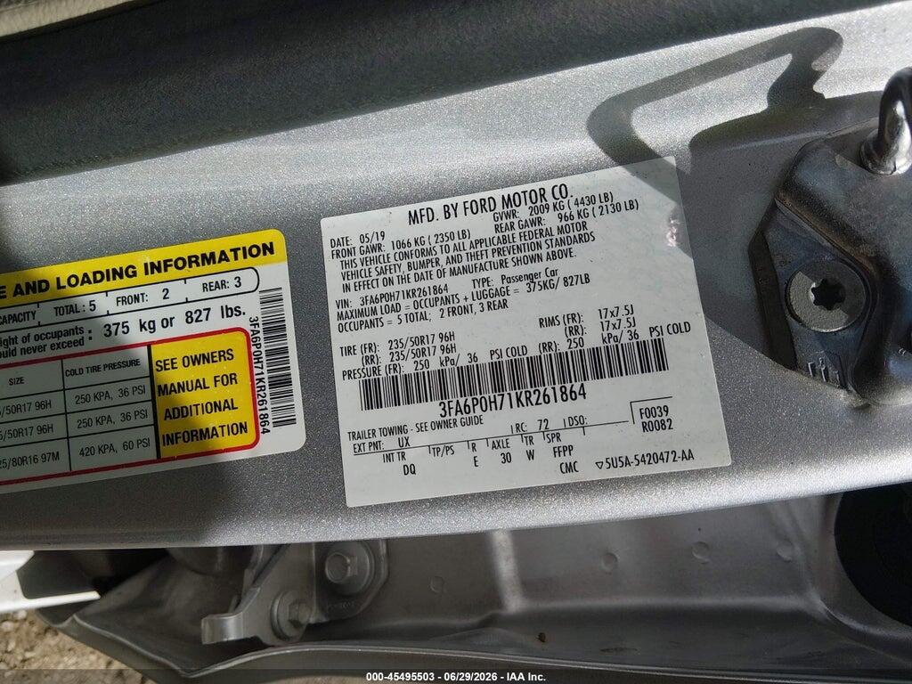 3FA6P0H71KR261864 2019 FORD FUSION photo no. 9