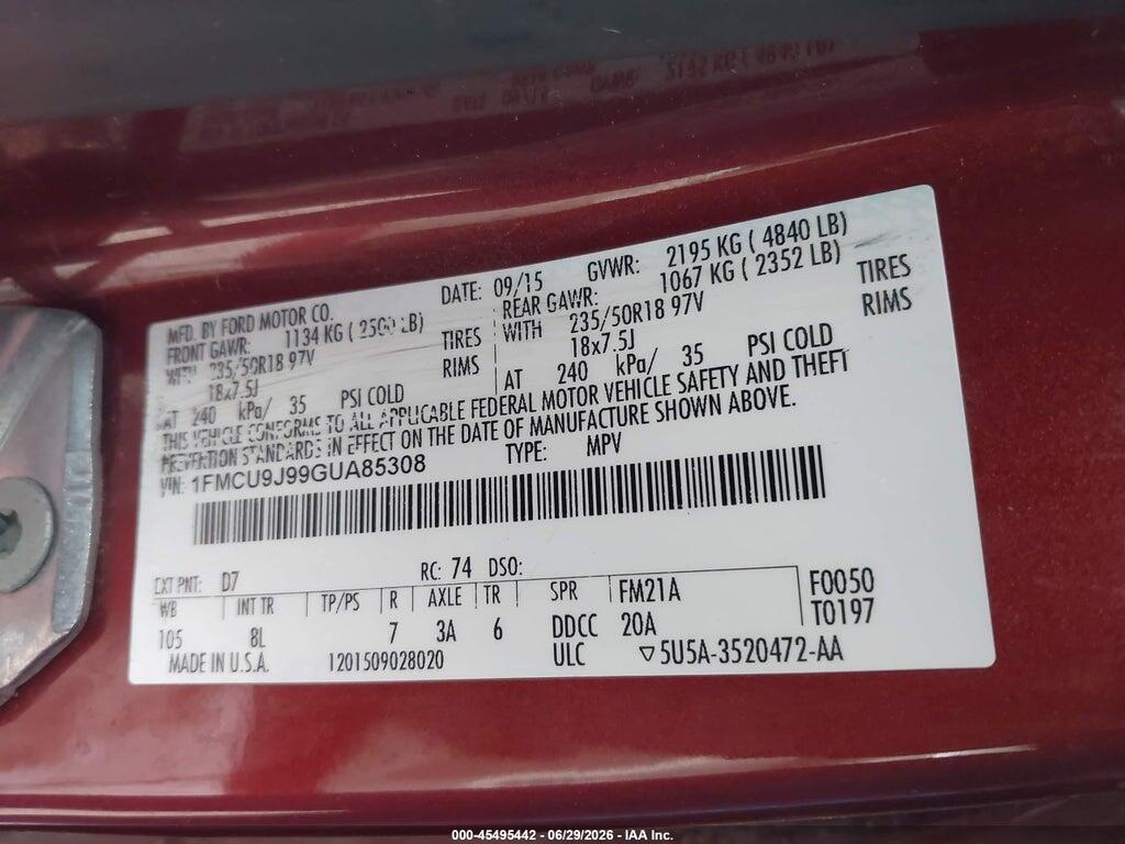 1FMCU9J99GUA85308 2016 FORD ESCAPE photo no. 9