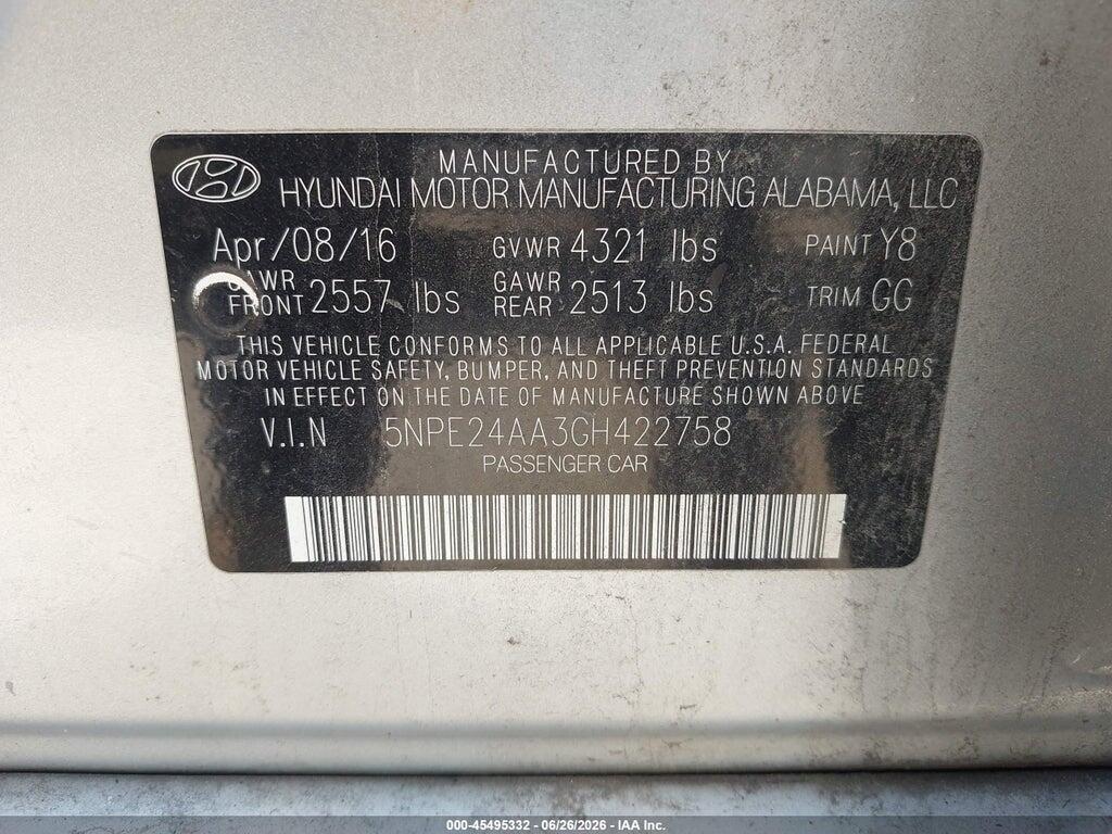 5NPE24AA3GH422758 2016 HYUNDAI SONATA photo no. 9