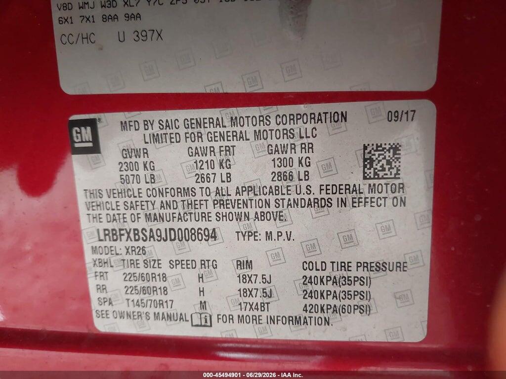 LRBFXBSA9JD008694 2018 BUICK ENVISION photo no. 9