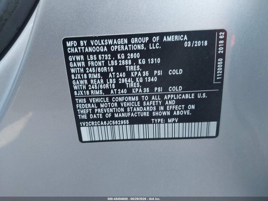 1V2CR2CA6JC562955 2018 VOLKSWAGEN ATLAS photo no. 9