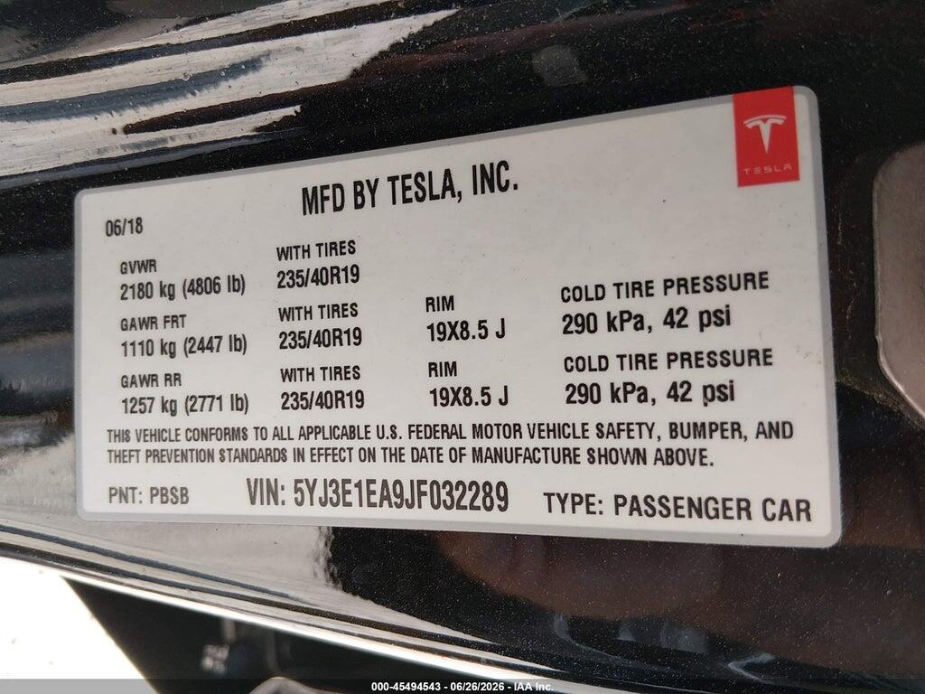 5YJ3E1EA9JF032289 2018 TESLA MODEL 3 photo no. 9
