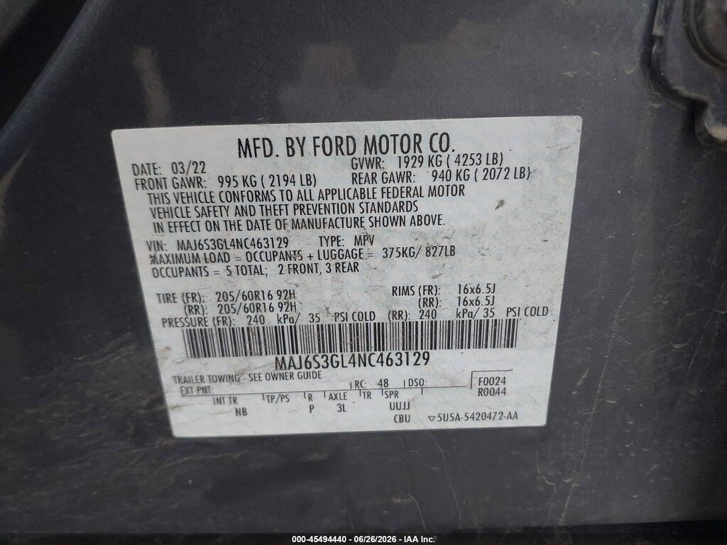MAJ6S3GL4NC463129 2022 FORD ECOSPORT photo no. 9