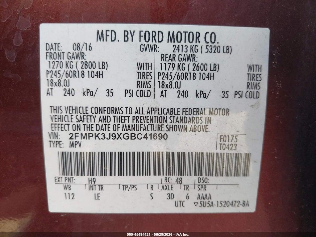 2FMPK3J9XGBC41690 2016 FORD EDGE photo no. 9